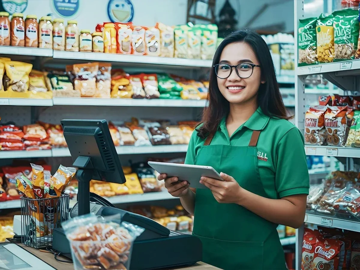 Pemilik minimarket memeriksa laporan transaksi harian setelah operasional toko selesai untuk memastikan seluruh transaksi tercatat dengan rapi.